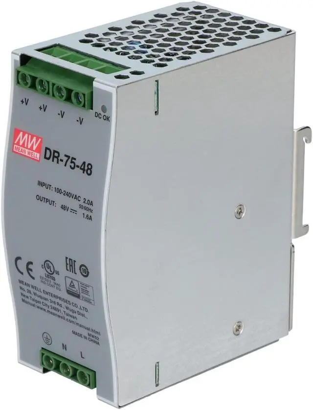 Alt view image 3 of 7 - Mean Well DR-75-48 Power Supply, Switching, DIN, 75 W, 48 VDC, 1.6A, 85-264 VAC