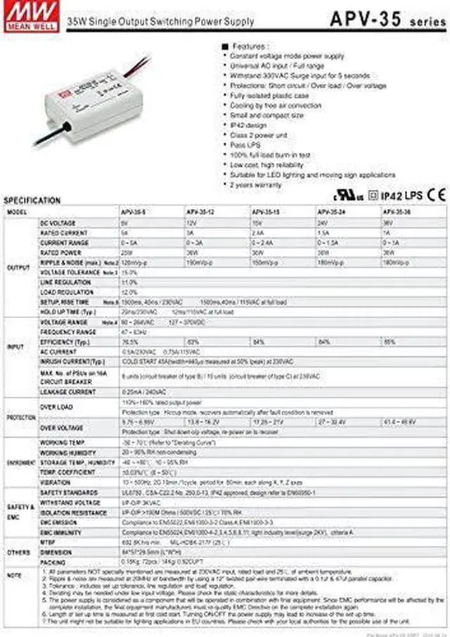Alt view image 2 of 2 - LED Driver 36W 36V 1A APV-35-36 Meanwell AC-DC Switching Power Supply APV-35 Series MEAN WELL C.V Power Supply