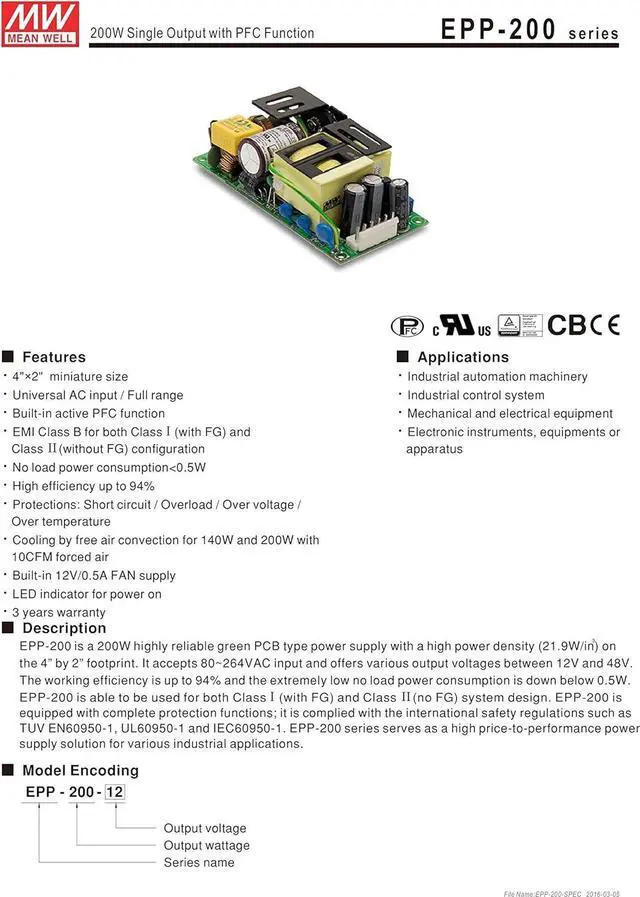 Alt view image 2 of 5 - MW Mean Well EPP-200-15 15V 13.4A 200W Single Output with PFC Function Power Supply