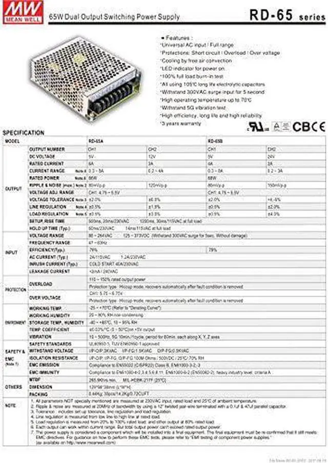 Alt view image 5 of 5 - Enclosed Type 68W RD-65B Meanwell AC-DC Dual Output RD-65 Series MEAN WELL Switching Power Supply