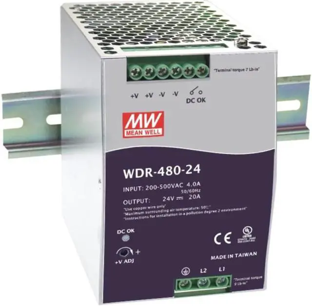 Main image of DIN Rail PS 480W 24V 20A WDR-480-24 Meanwell AC-DC SMPS WDR-480 Series Mean Well Switching Power Supply