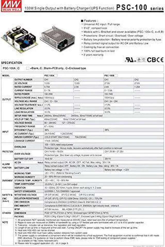 Alt view image 3 of 3 - PCB Type Security 100.05W 13.8V CH1,4.75A;CH2,2.5A PSC-100A Meanwell AC-DC PSC-100 MEAN WELL Switching Power Supply