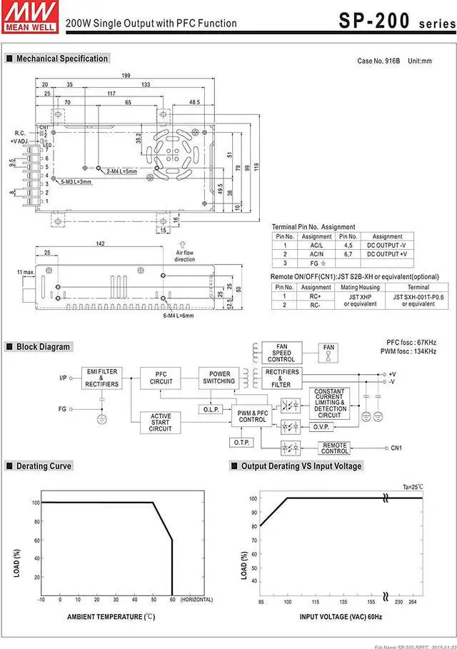 Alt view image 3 of 3 - Mean Well Original SP-200-13.5 Single Output with PFC Function Power Supply 13.5V 14.9A 200W