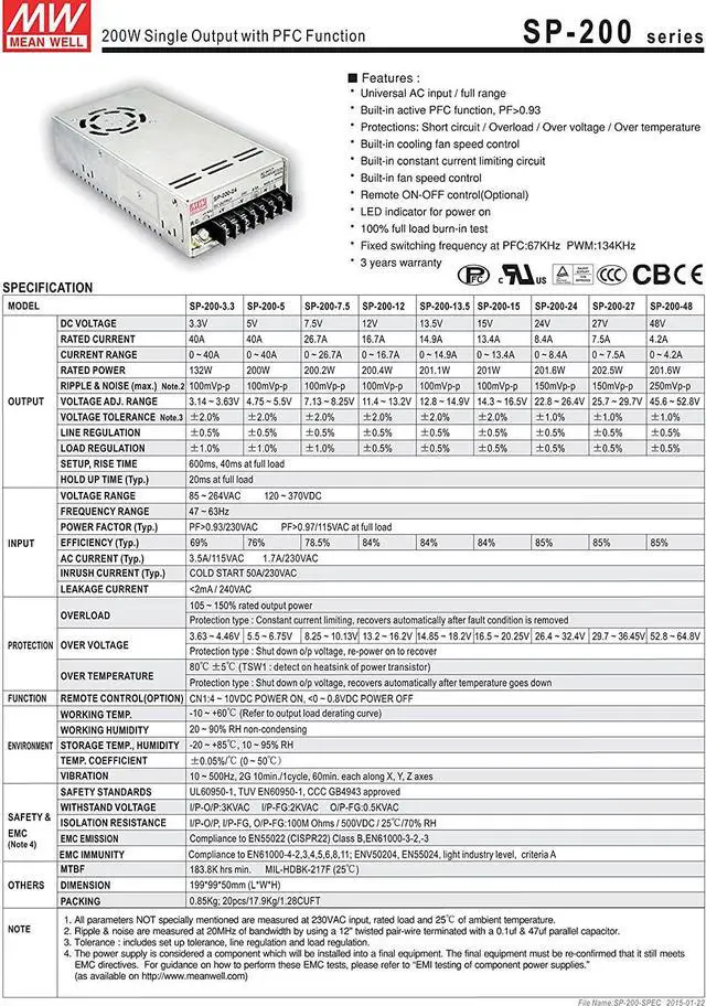 Alt view image 2 of 3 - Mean Well Original SP-200-13.5 Single Output with PFC Function Power Supply 13.5V 14.9A 200W