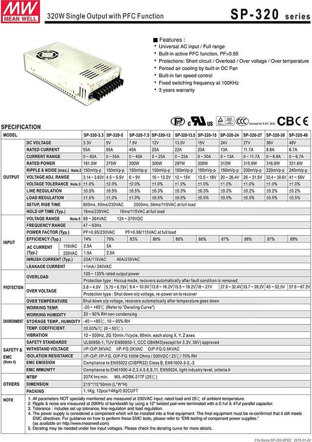 Alt view image 2 of 3 - MW Mean Well SP-320-24 24V 13A 312W Single Output with PFC Function Power Supply