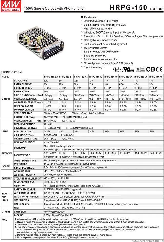 Alt view image 2 of 4 - [PowerNex] Mean Well HRPG-150-24 24V 6.5A 156W Single Output with PFC Function Power Supply