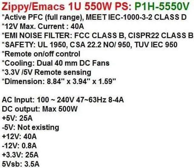Alt view image 2 of 2 - Zippy/Emacs P1H-5550V, 1U 550W Power supply