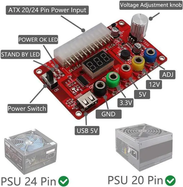 Alt view image 4 of 6 - JMT 24 Pins ATX Power Supply Breakout Board and Acrylic Case Kit Module Adapter PC Power Connector Support 3.3V/5V/12V 1.8V-10.8V(ADJ) (10pcs)