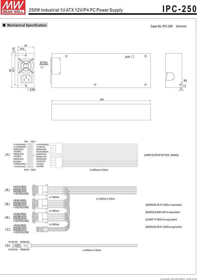 Alt view image 3 of 4 - MW Mean Well IPC-250 12V 15A 250W Industrial 1U ATX 12V/P4 PC Power Supply