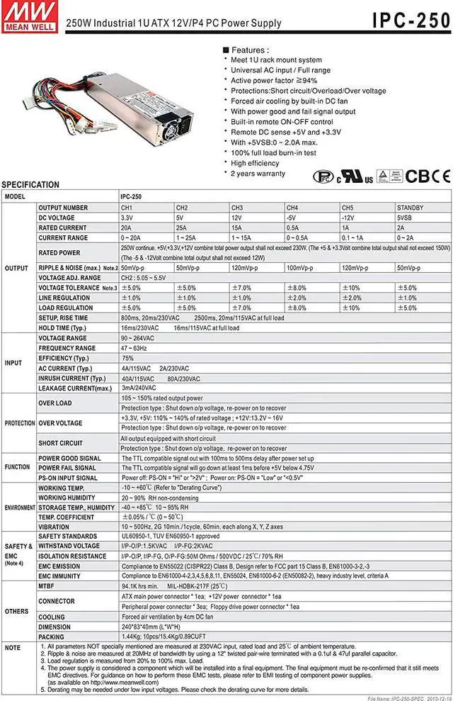 Alt view image 2 of 4 - MW Mean Well IPC-250 12V 15A 250W Industrial 1U ATX 12V/P4 PC Power Supply