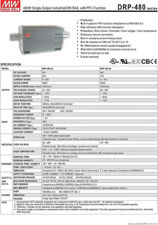 Alt view image 2 of 3 - MW Mean Well DRP-480-24 24V 20A 480W Single Output Industrial DIN RAIL with PFC Function Power Supply