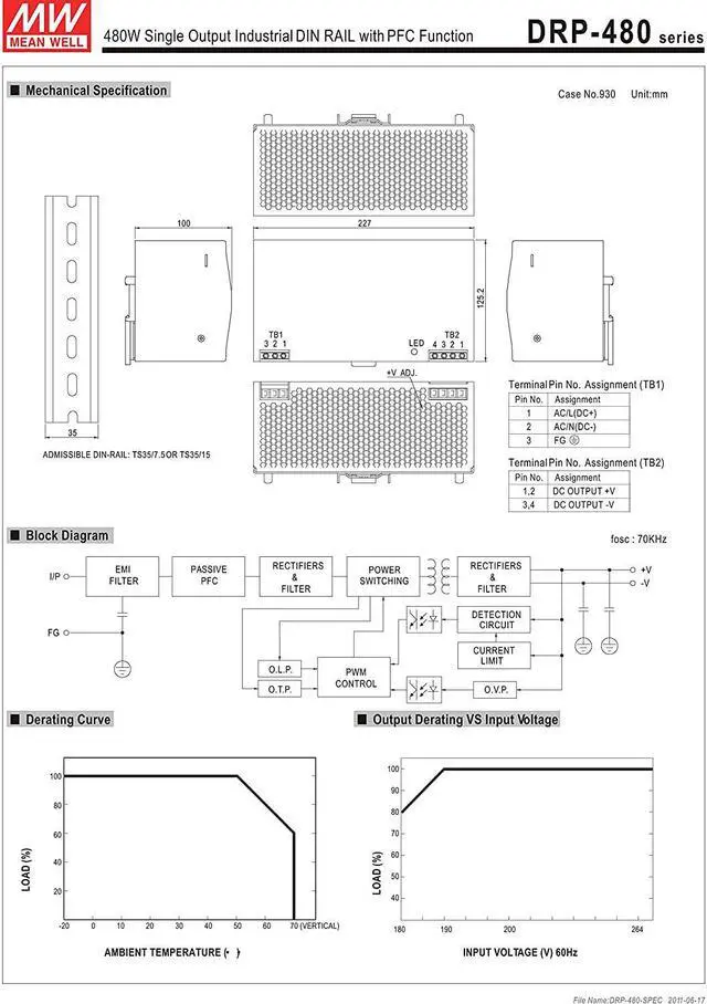 Alt view image 3 of 3 - MW Mean Well DRP-480-24 24V 20A 480W Single Output Industrial DIN RAIL with PFC Function Power Supply