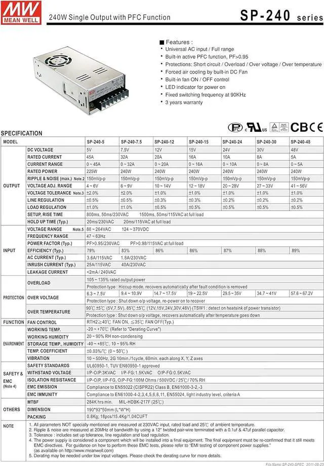 Alt view image 2 of 3 - Mean Well Original SP-240-7.5 Single Output with PFC Function Power Supply 7.5V 32A 240W