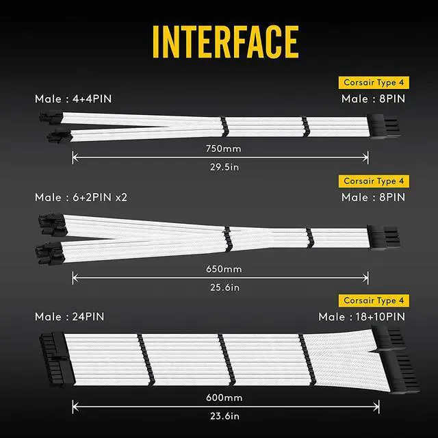 Alt view image 7 of 7 - EZDIY-FAB Premium PSU Replacement Soft Nylon Sleeved Cables Kit for Corsair Type 4 RM Black Label RMi/RMX-White
