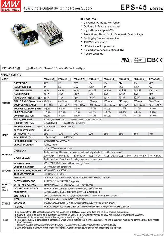 Alt view image 2 of 4 - MW Mean Well EPS-45-12 12V 3.75A 45W Single Green Open Frame Output Switching Power Supply