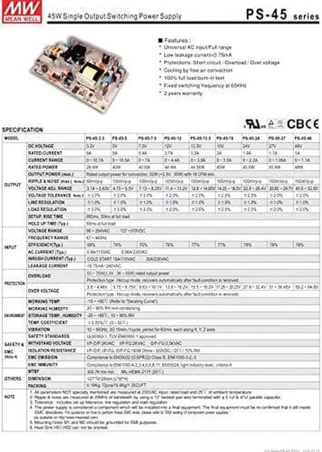 Alt view image 3 of 3 - Industrial Open Frame 45.6W 24V 1.9A PS-45-24 Meanwell AC-DC Single Output PS-45 MEAN WELL Switching Power Supply