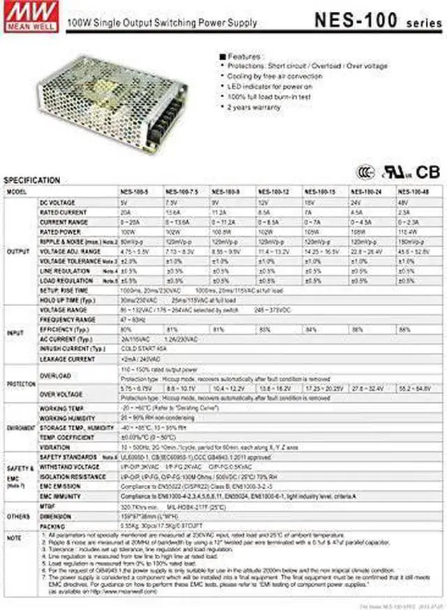 Alt view image 5 of 6 - Enclosed Type 100.8W 9V 11.2A NES-100-9 Meanwell AC-DC Single Output NES-100 Series MEAN WELL Switching Power Supply