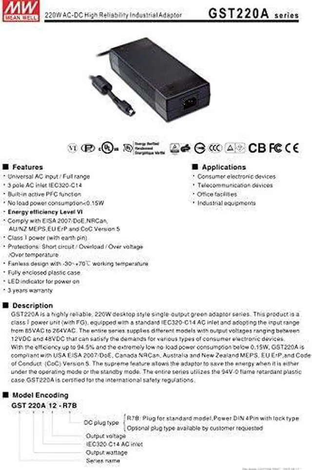 Alt view image 2 of 3 - Desktop Industrial Adapter 221W 24V 9.2A GST220A24-R7B Meanwell AC-DC SMPS GST220A MEAN WELL Switching Power Supply