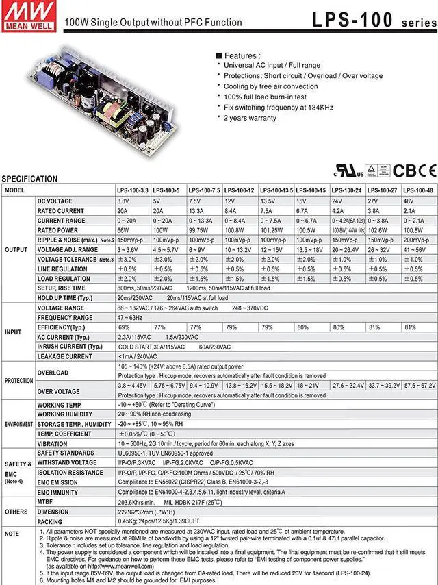 Alt view image 2 of 3 - MW Mean Well LPS-100-12 12V 8.4A 100W Single Output Switching Power Supply