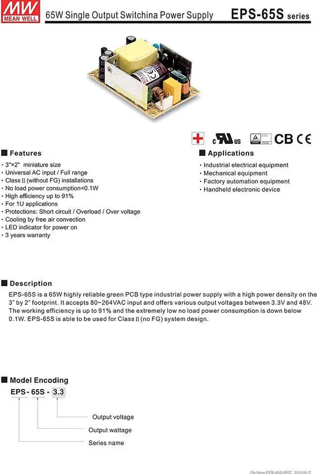 Alt view image 2 of 5 - MW Mean Well EPS-65S-12 12V 5.42A 65W Single Output Switching Power Supply