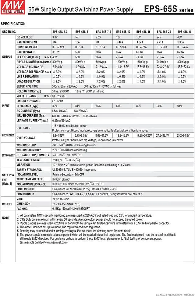 Alt view image 3 of 5 - MW Mean Well EPS-65S-12 12V 5.42A 65W Single Output Switching Power Supply