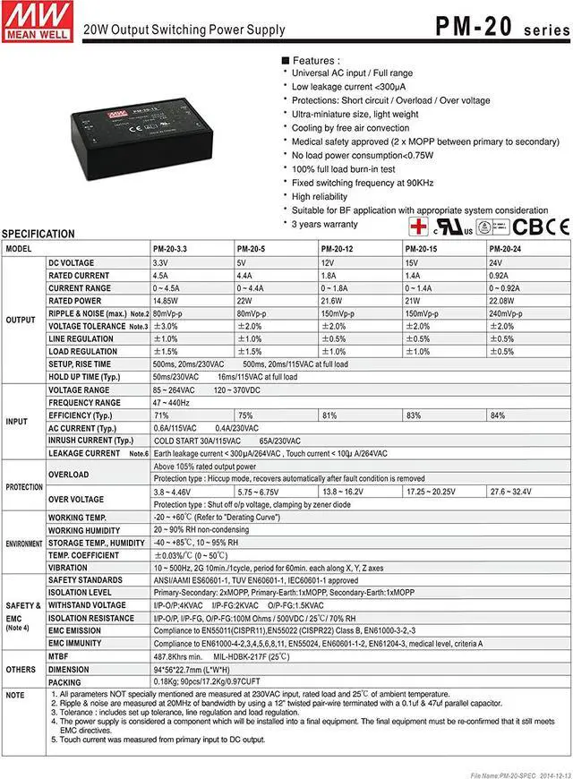 Alt view image 2 of 3 - MW Mean Well PM-20-3.3 3.3V 4.5A 14W Green Open Frame Single Output Switching Power Supply