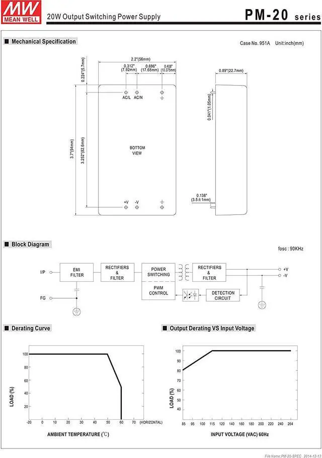Alt view image 3 of 3 - MW Mean Well PM-20-3.3 3.3V 4.5A 14W Green Open Frame Single Output Switching Power Supply