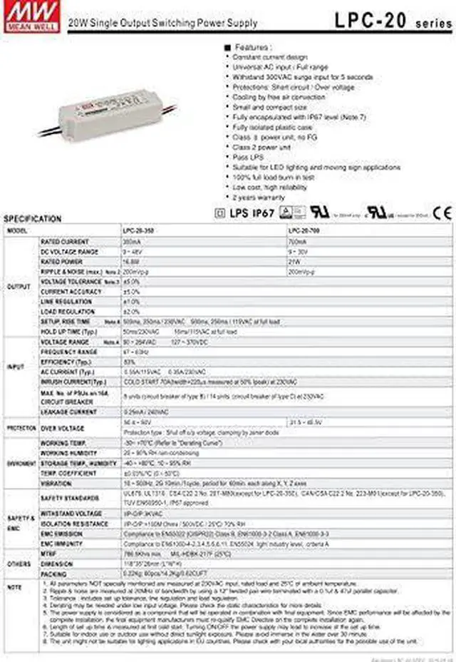 Alt view image 2 of 2 - LED Driver 21W 30V 700mA LPC-20-700 Meanwell AC-DC SMPS LPC-20 Series MEAN WELL C.C Power Supply