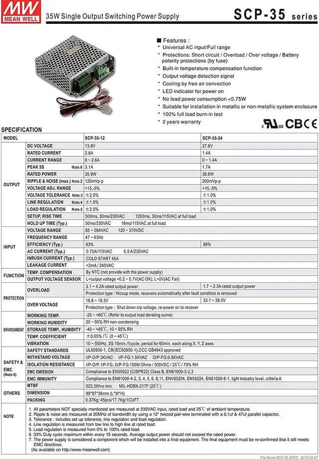 Alt view image 2 of 4 - MEAN WELL SCP-35-12 13.8V 2.6A 35.9W Single Output Switching Power Supply Security Series/ATX Power