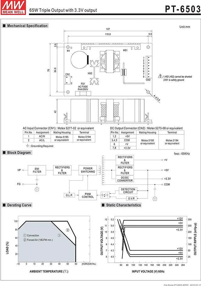 Alt view image 3 of 3 - [PowerNex] Mean Well PT-6503 3.3V 5V 12V 1A 6A 61.8W Triple Output with 3.3V output Switching Power Supply