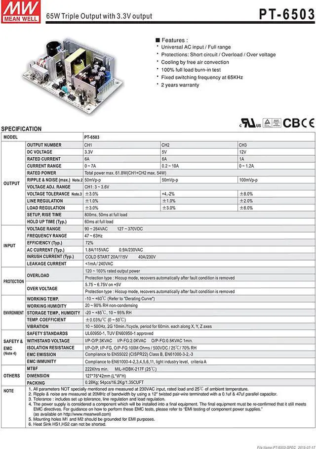 Alt view image 2 of 3 - [PowerNex] Mean Well PT-6503 3.3V 5V 12V 1A 6A 61.8W Triple Output with 3.3V output Switching Power Supply