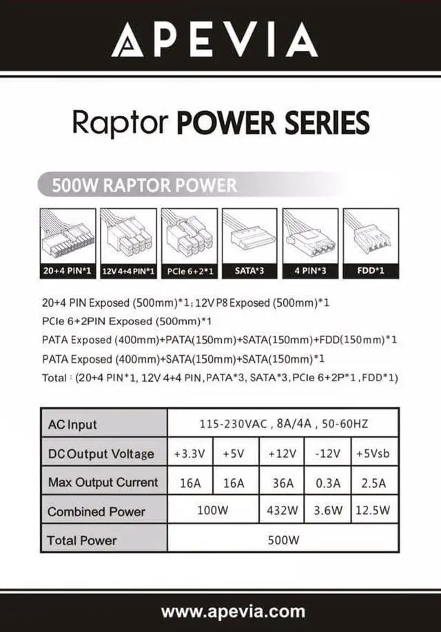 Alt view image 7 of 7 - Apevia RT500W Raptor 500W ATX Power Supply