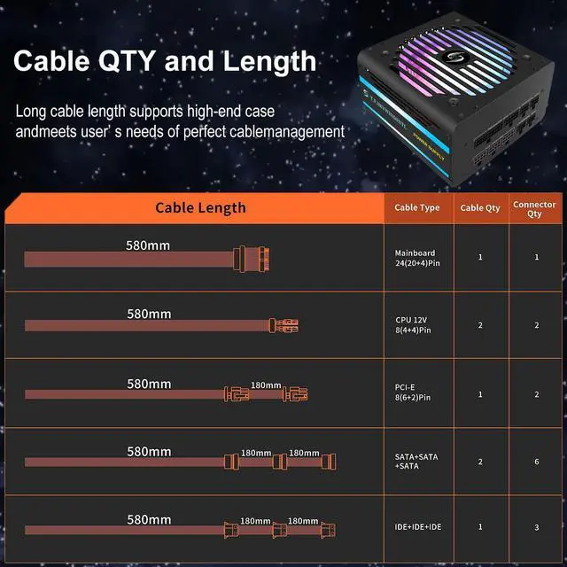 Alt view image 5 of 7 - 700W Power Supply RGB Fully Modular ATX Gaming PSU Full Voltage 90-265V Active PFC with FDB Fan Multiple ARGB Light Modes for Desktop PC Server