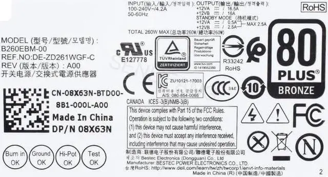 Alt view image 5 of 5 - Lemincrash New 08X63N H260EBM-00 B260EBM-00 L260EBM-00 AC260EBM-00 260W for Optiplex 3050 7050 3060 7060 7070 5090 Power Supply