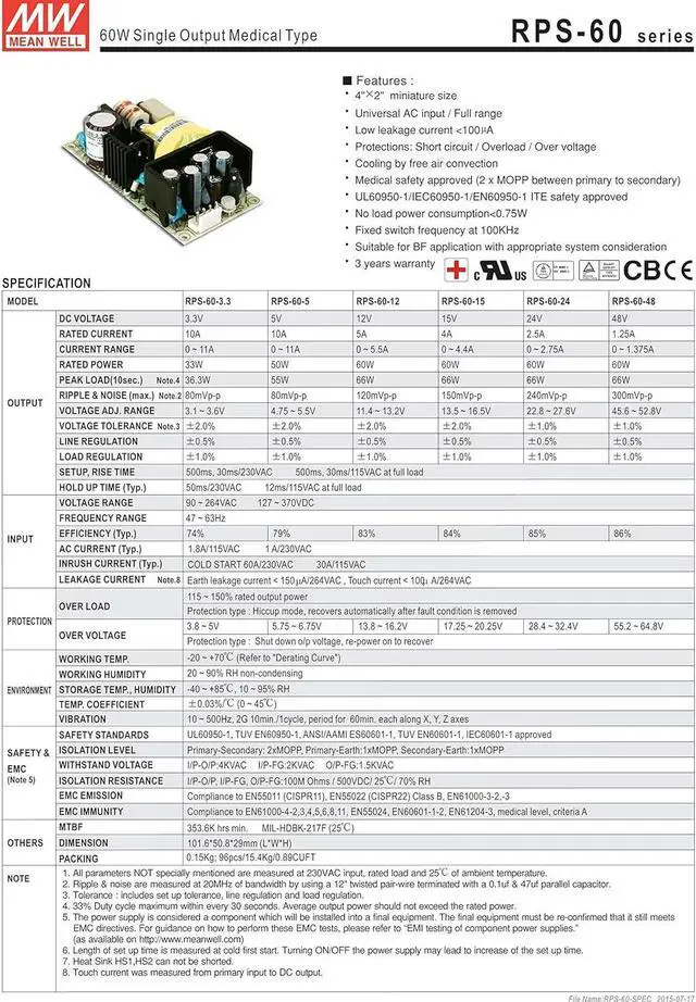 Alt view image 2 of 3 - MEAN WELL RPS-60-12 RPS-60 Series 60 W Single Output 12 V AC/DC Medical Switching Power Supply - 1 item(s)