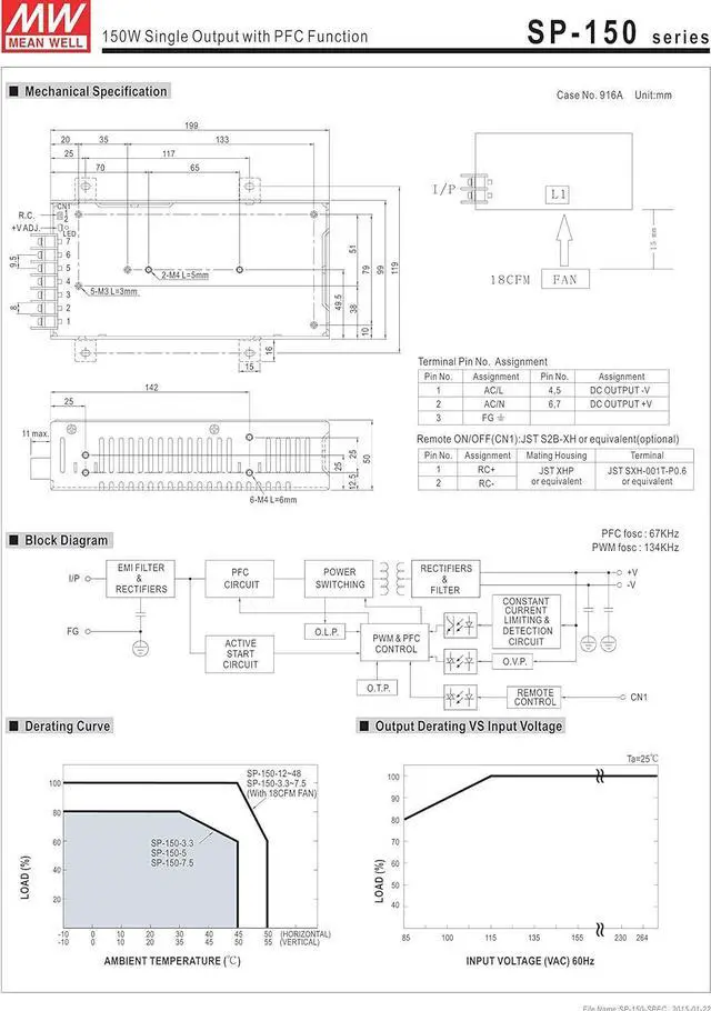 Alt view image 3 of 3 - Mean Well Original SP-150-3.3 Single Output with PFC Function Power Supply 3.3V 30A 99W