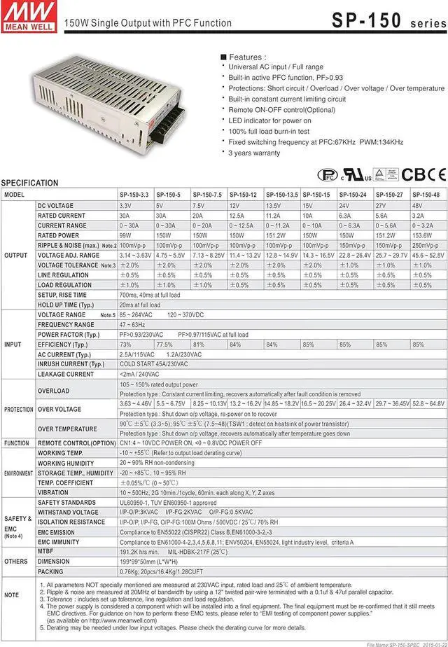 Alt view image 2 of 3 - Mean Well Original SP-150-3.3 Single Output with PFC Function Power Supply 3.3V 30A 99W