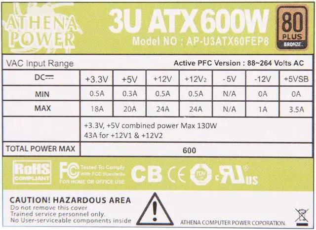 Alt view image 4 of 5 - Athena Power AP-U3ATX60FEP8 20+4Pin 3U Power EPS-12V 600W, Support D300, D300L, 349R, 364R, 3055, RS316, E306, E3M16, CS833T, 300S 3U IPC case