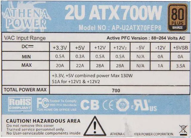 Alt view image 4 of 5 - AP-U2ATX70FEP8 20+4Pin 700W Single 2U IPC Server Power Supply 80 Plus Bronze