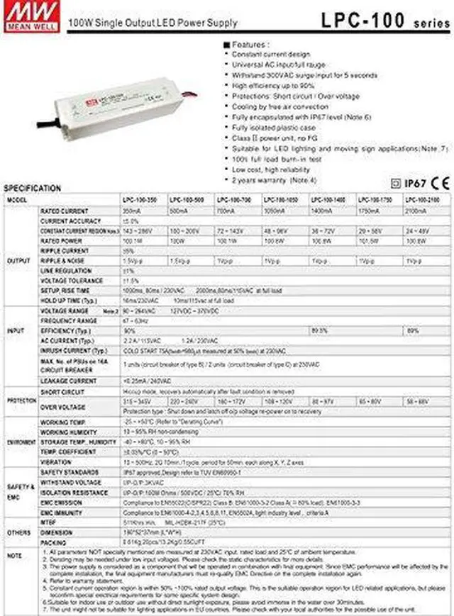 Alt view image 2 of 2 - LED Driver 100.1W 143V 700mA LPC-100-700 Meanwell AC-DC SMPS LPC-100 Series MEAN WELL C.C Power Supply
