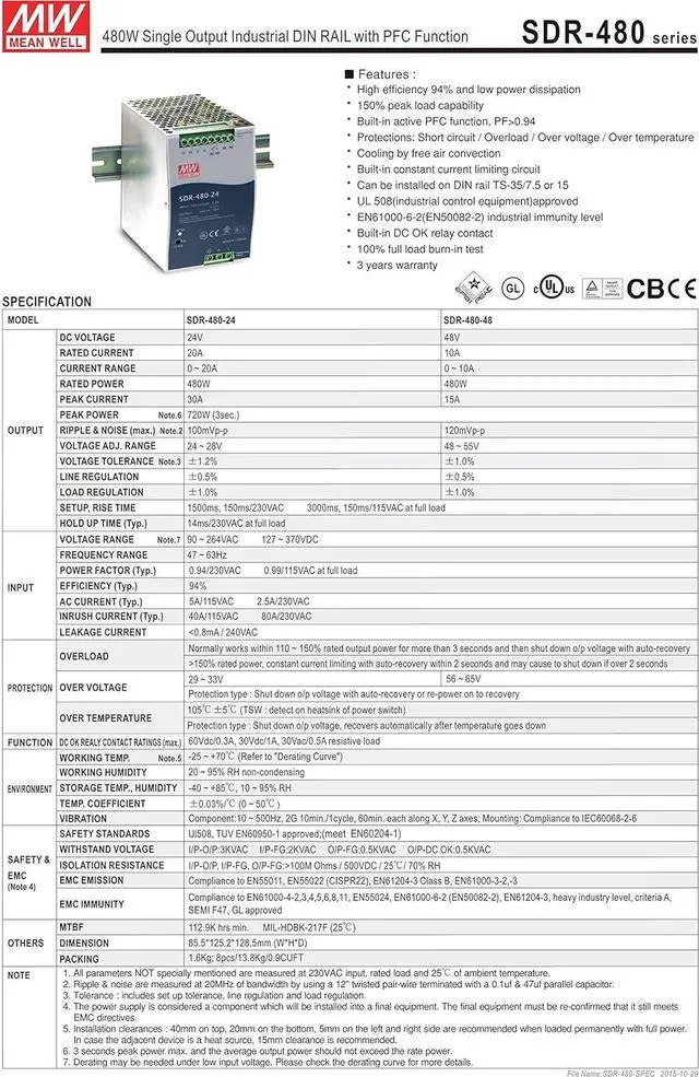 Alt view image 2 of 4 - MW Mean Well SDR-480-48 48V 10A DIN Rail Power Supplies