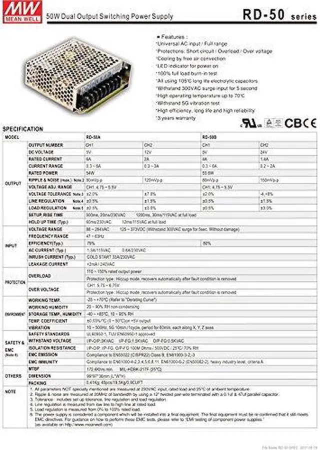 Alt view image 5 of 5 - Enclosed Type 53.6W RD-50B Meanwell AC-DC Dual Output RD-50 Series MEAN WELL Switching Power Supply