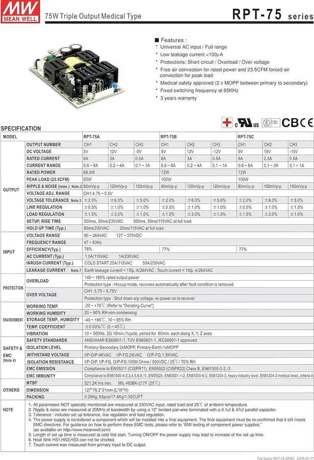 Alt view image 2 of 4 - MW Mean Well RPT-7503 3.3V 5V 12V 1A 6A 60W Triple Output Medical Type Power Supply