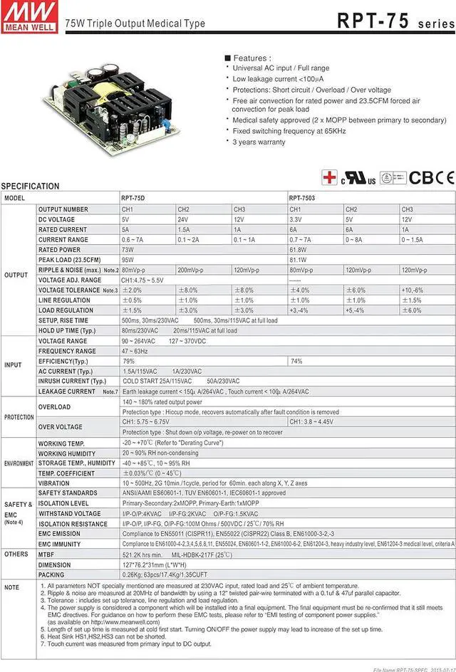 Alt view image 3 of 4 - MW Mean Well RPT-7503 3.3V 5V 12V 1A 6A 60W Triple Output Medical Type Power Supply