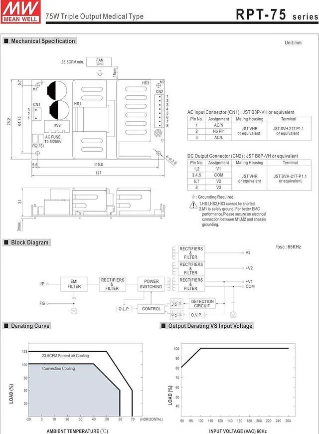 Alt view image 4 of 4 - MW Mean Well RPT-7503 3.3V 5V 12V 1A 6A 60W Triple Output Medical Type Power Supply