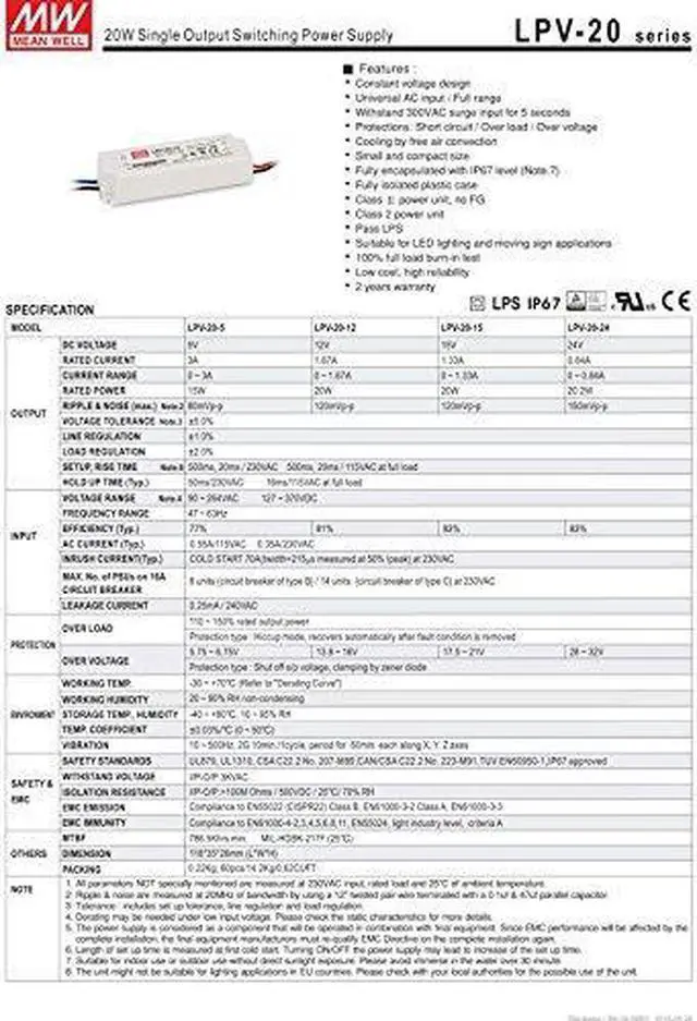 Alt view image 2 of 2 - LED Driver 20W 15V 1.33A LPV-20-15 Meanwell AC-DC SMPS LPV-20 Series MEAN WELL C.V Power Supply
