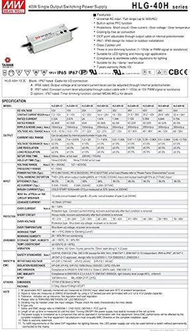 Alt view image 4 of 6 - LED Driver 40.5W 54V 0.75A HLG-40H-54A Meanwell AC-DC SMPS HLG-40H Series MEAN WELL C.V+C.C Power Supply