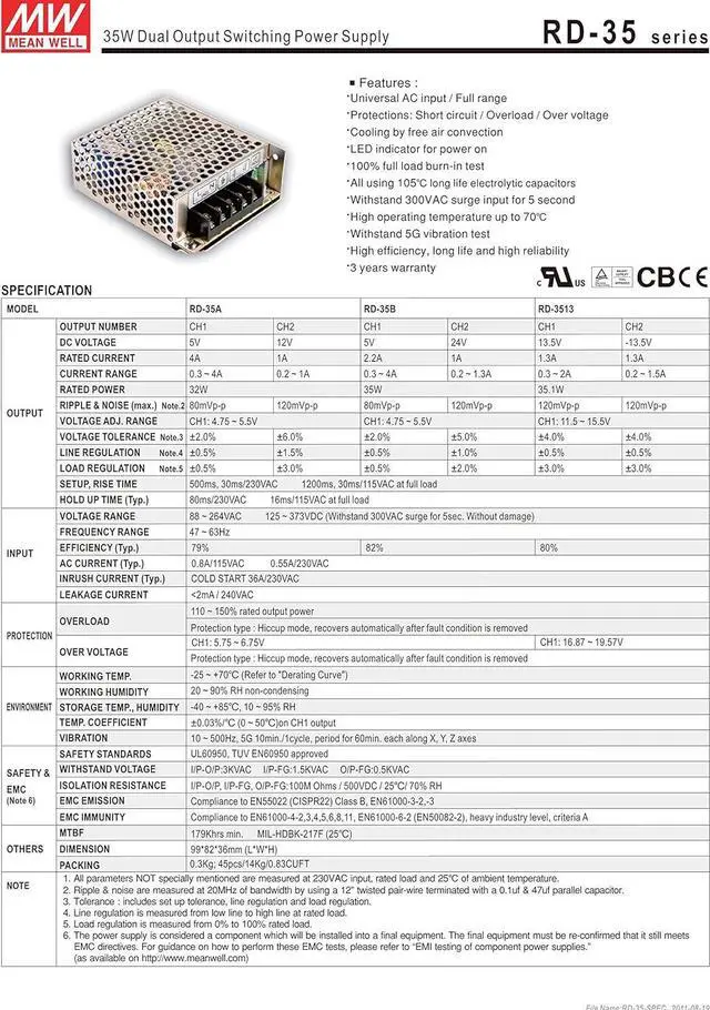 Alt view image 2 of 3 - MW Mean Well RD-35A +/-13.5V 1.3A 35W Dual Output Switching Power Supply