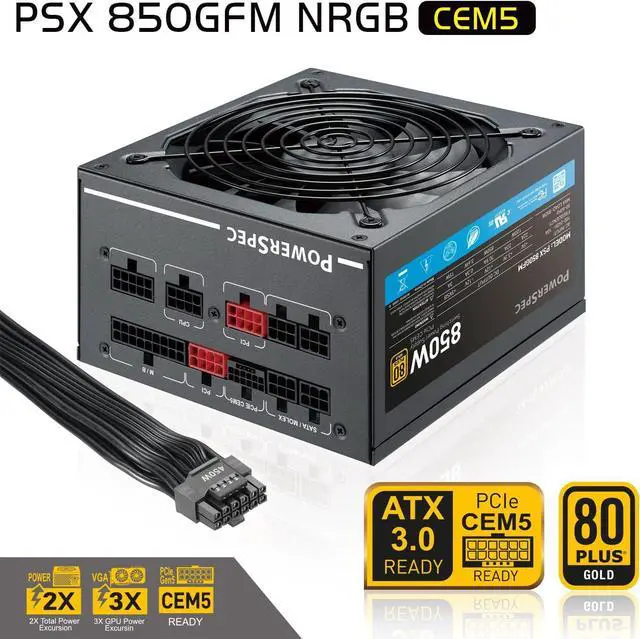 Alt view image 2 of 7 - PowerSpec 850W Power Supply Fully Modular 80 Plus Gold Certified ATX3.0 / PCIe Gen 5 PSU Active PFC Gaming PC Computer Power Supplies, PSX 850GFM CEM