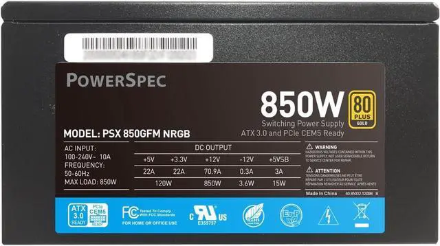 Alt view image 6 of 7 - PowerSpec 850W Power Supply Fully Modular 80 Plus Gold Certified ATX3.0 / PCIe Gen 5 PSU Active PFC Gaming PC Computer Power Supplies, PSX 850GFM CEM